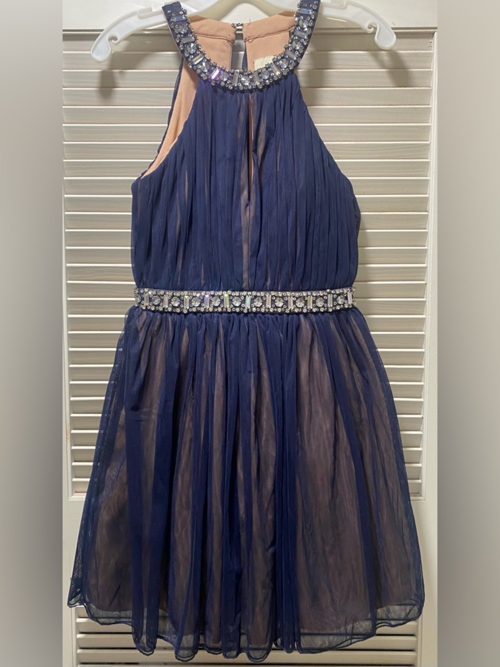 Juniors Way-In Navy Blue Embellished Halter Tulle Dress‎